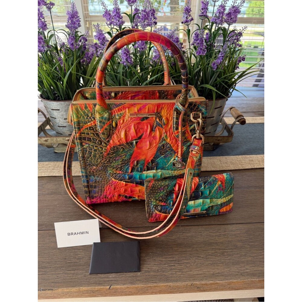 Brahmin Multicolor Croc-Embossed Leather Satchel with Matching Wallet